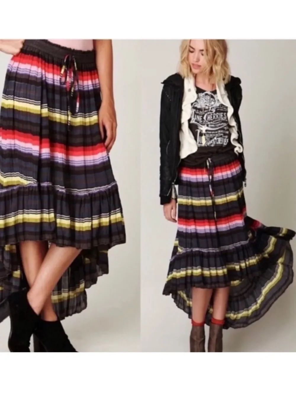 Free People Crinkle Pleat Hi Low Stripe Pleated Bohemian Flowy Maxi Skirt Sz S